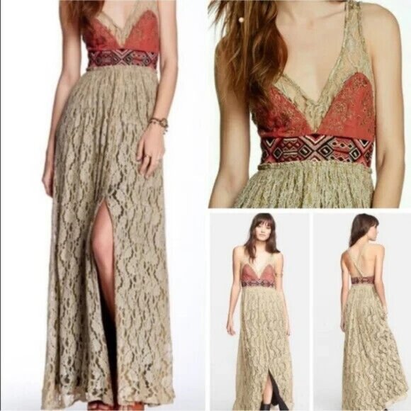 Free People Crushed Gold Lace Embroidered V Embellished Maxi Formal Prom Dress 6 - Picture 4 of 6